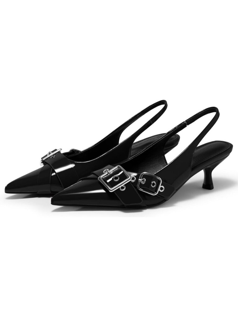 Women's Slingback Kitten Heels Closed Pointed Toe Black Studded Buckle Shoes